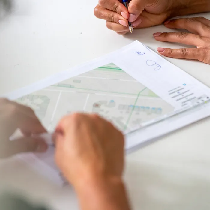 Tecnico che disegna su pianta catastale o planimetria edilizia