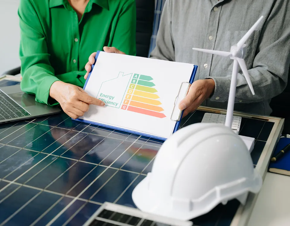 Certificazione energetica con grafico e casco su pannello solare