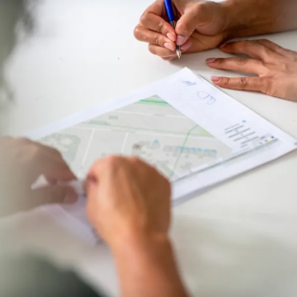 Disegno tecnico su planimetria con mani al lavoro
