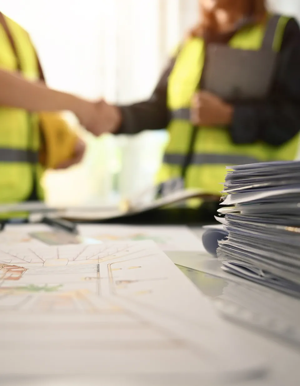 Stretta di mano tra tecnici in cantiere con planimetria in primo piano