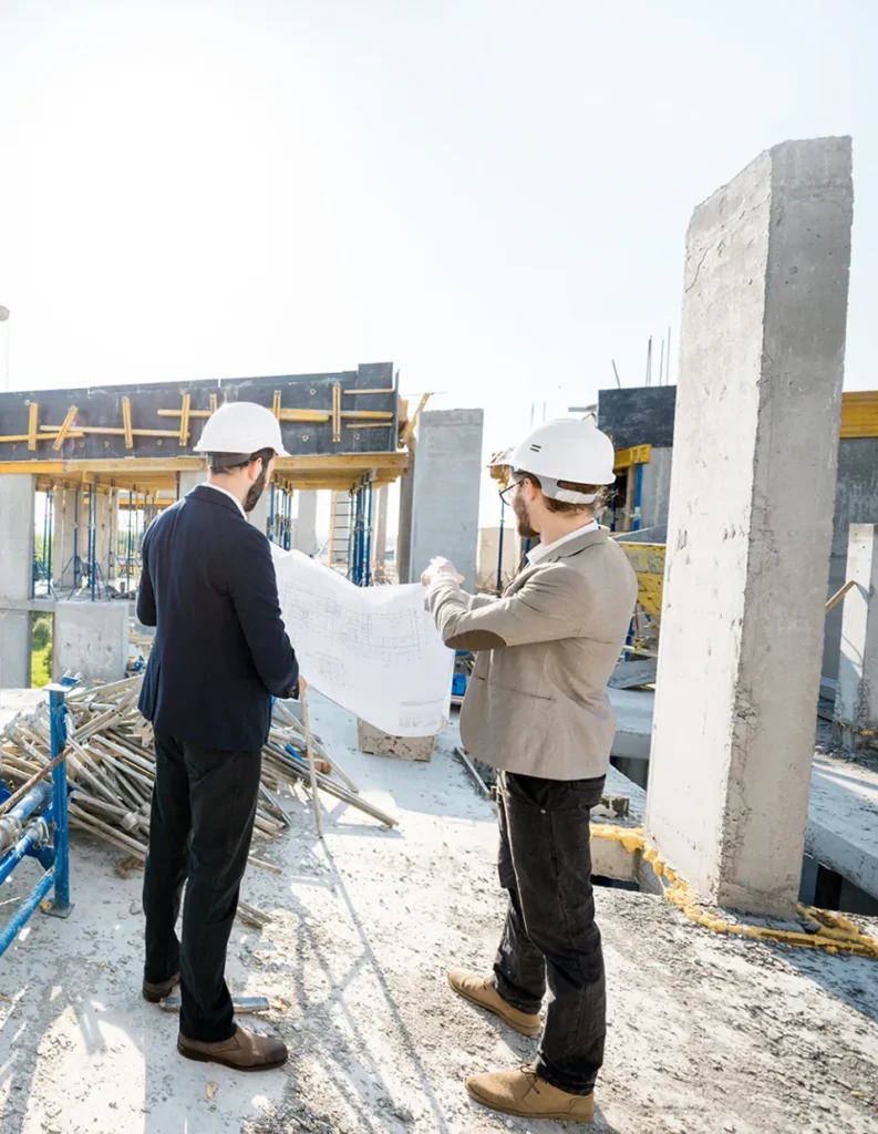 Tecnici con casco consultano progetto in cantiere edile
