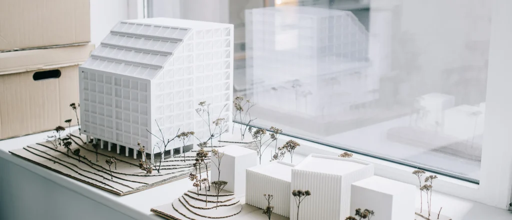 Plastico architettonico di progetto urbano con edifici in scala